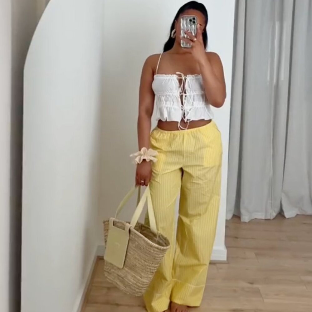ZARA NEW WOMAN SS24 YELLOW STRIPED PYJAMA STYLE TROUSERS VIRAL BLOGG 6929/414 XS
